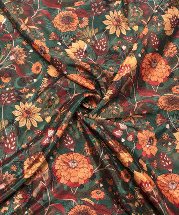 Dark Green Floral Digital Print Chinon Fabric